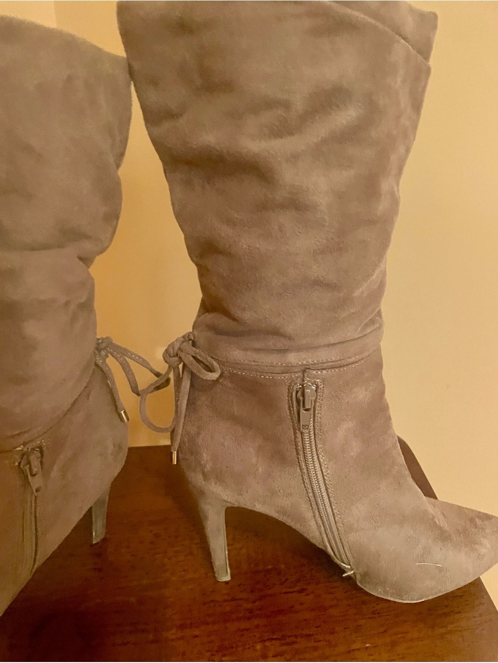 Suede Mid-Calf Stiletto Boots in Taupe